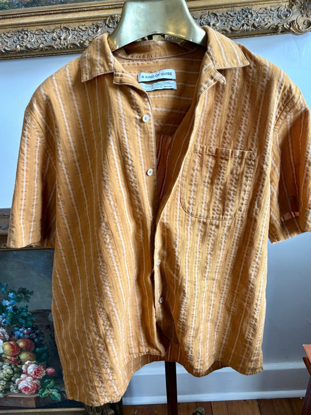 A Kind of Guise Gioia Striped Cotton Short Sleeve Button Up Shirt Size L